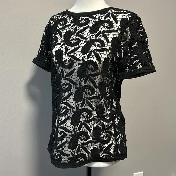 Ann Taylor Loft Black Crochet Short Sleeve Minimalist Top XS - Picture 5 of 10